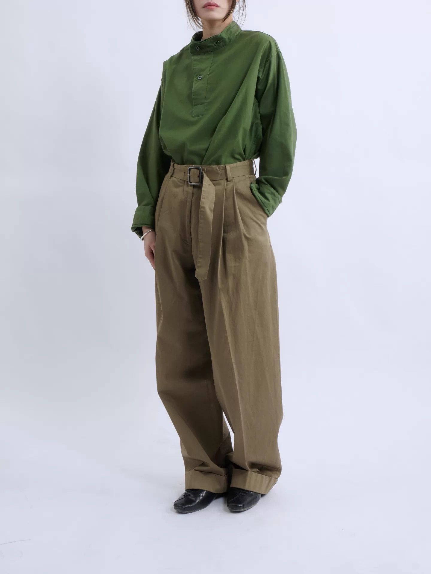 Dries Van Noten DVN 00s Morocco-made Khaki High-Waist Belted Wide-Leg Pants Size 24" / US 00 / IT 34 - 2 Thumbnail