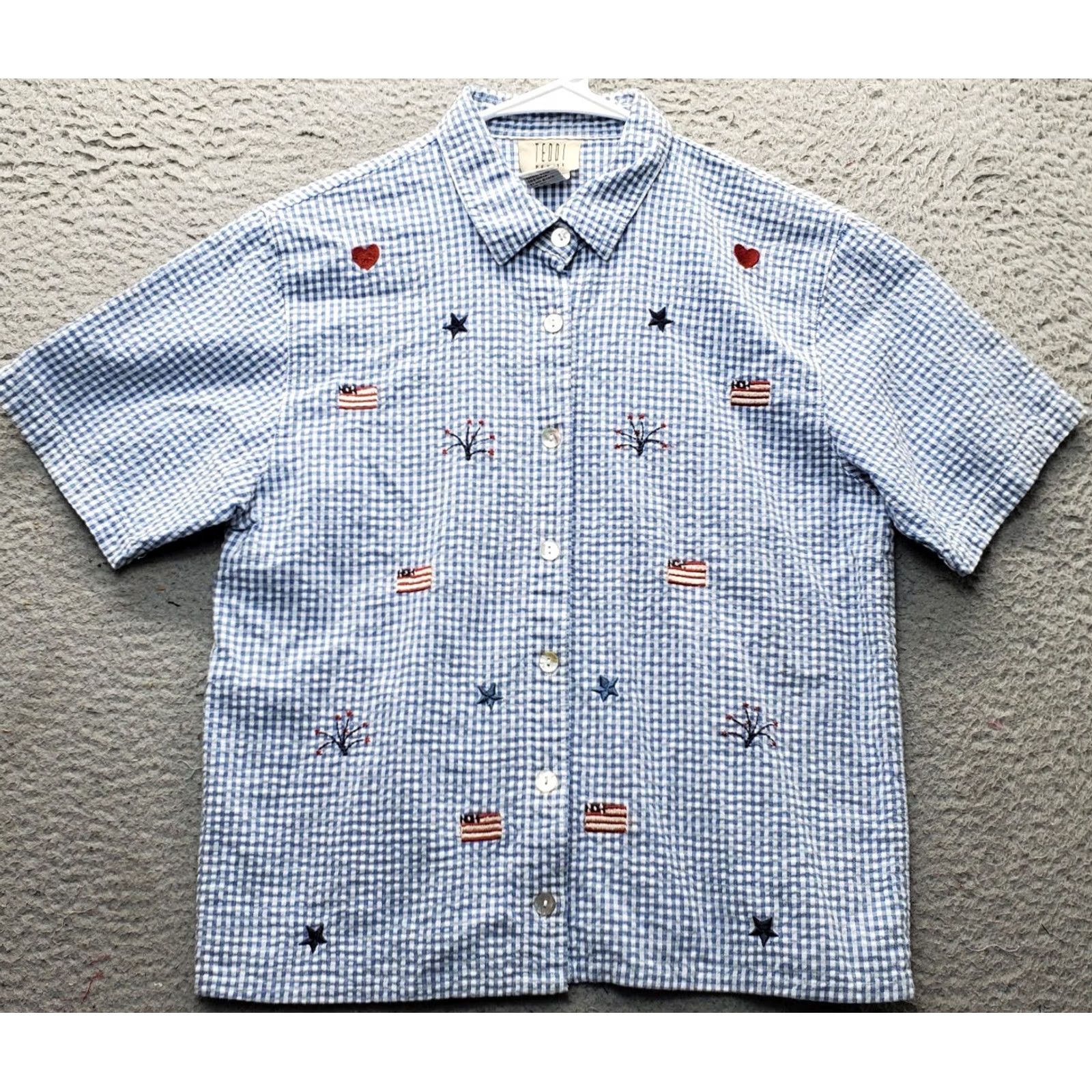 Vintage VINTAGE Teddi Shirt Womens PS Multi Embroidered Patriotic Button-Up Seersucker Shirt Size S / US 4 / IT 40 - 2 Thumbnail