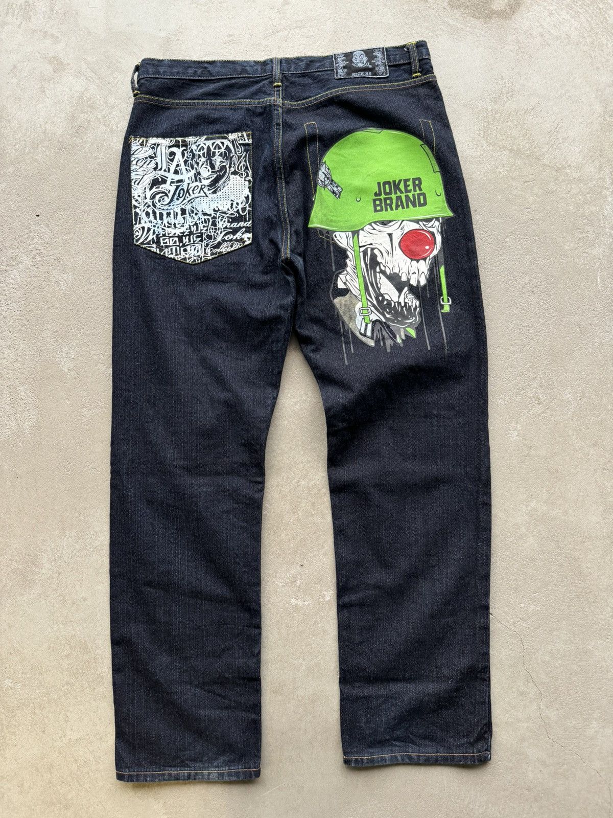 image of Christian Audigier x Ed Hardy Joker Los Angeles Drip Pants Print Logo Evisu Style in Denim (Size 38