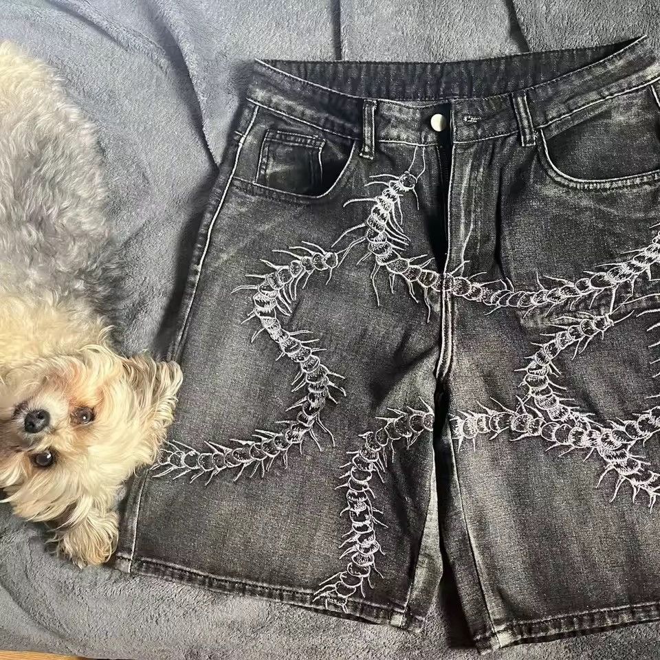 Jean Punk Embroidery Hip Hop Streetwear Trendy Shorts Jorts Size US 30 / EU 46 - 2 Thumbnail