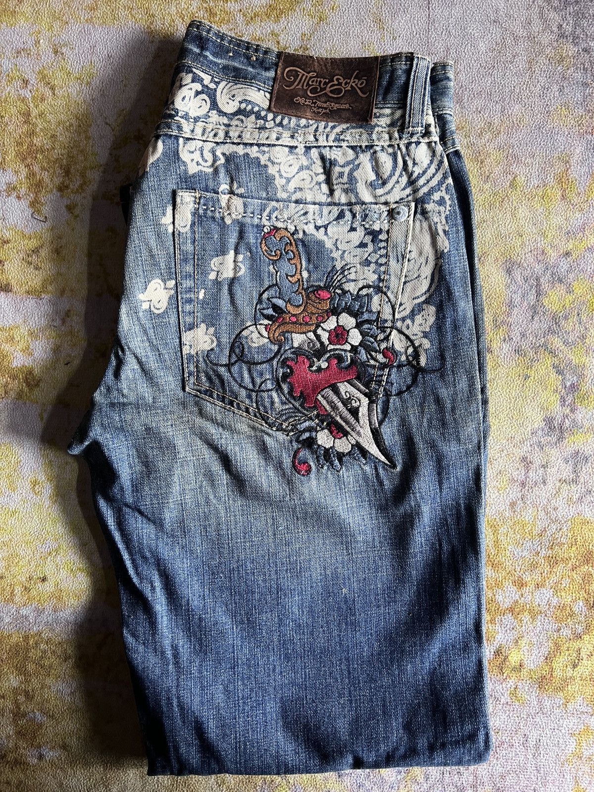 image of Avant Garde x Marc Ecko Merc Ecko Embroidery Pants Jeans in Blue Jean, Men's (Size 34)