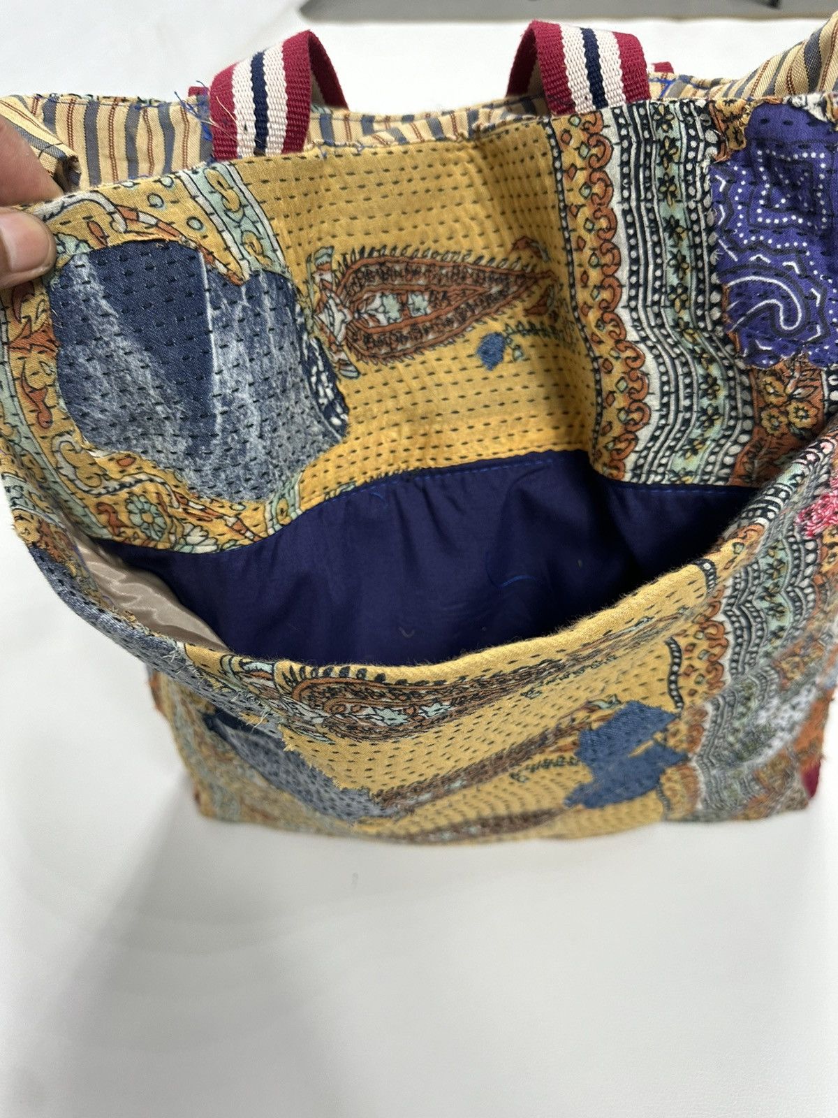 Handmade Custom Made Distressed denim Patchwork Boro Paisley tote bag Size ONE SIZE - 8 Thumbnail