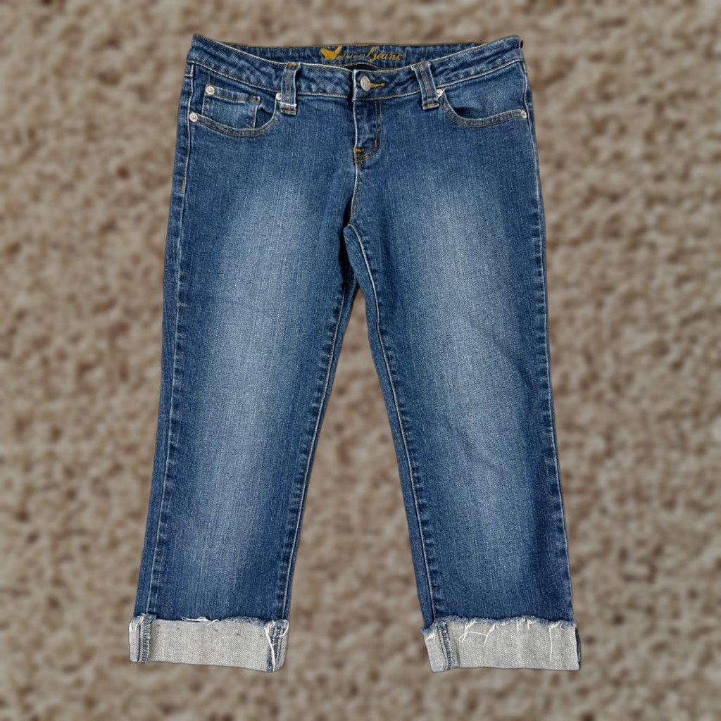 Vintage Wet Seal Capri Jeans - Women - Size 9 - Blue Denim - Cotton Blend - Embroidered Raw Hem - 5-Pocket - Zip Closure - Regular Fit Size 30" / US 8 / IT 44 - 1 Thumbnail