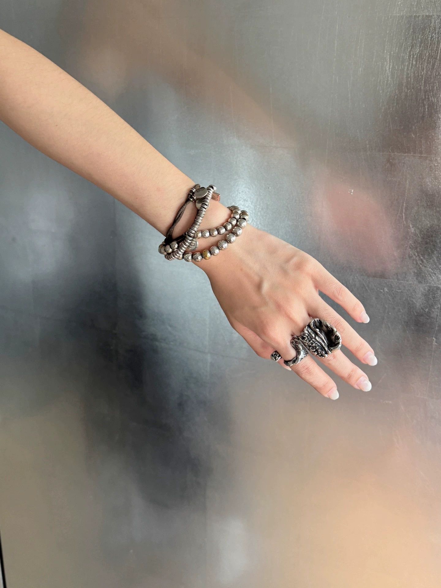 Other Italian Vintage Metal Leather Cord Bracelet 17cm Size ONE SIZE - 2 Thumbnail