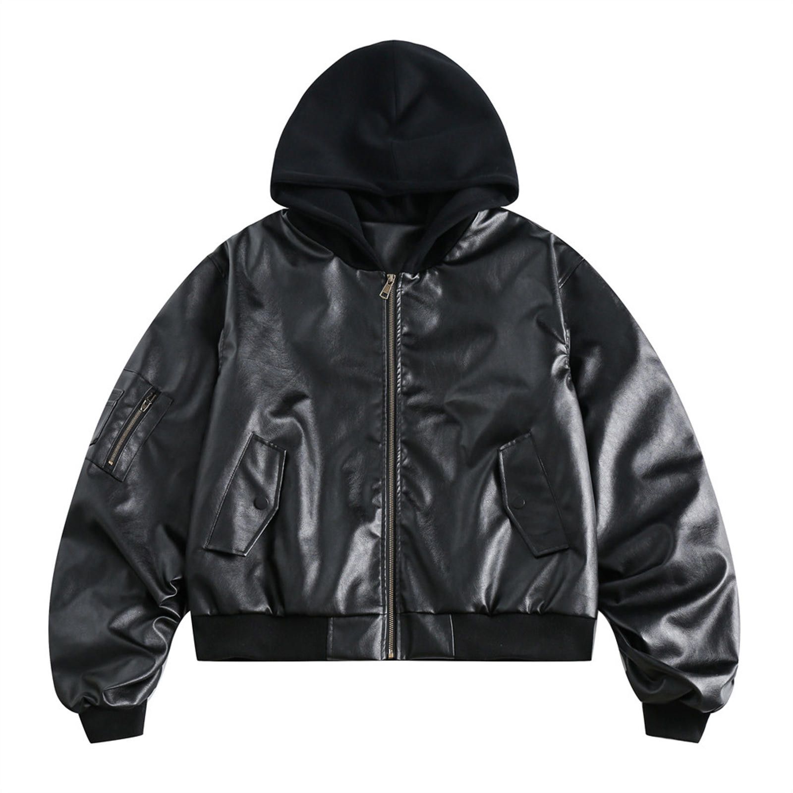Leather Stylish Black Faux Leather Bomber Jacket with Hood Size US M / EU 48-50 / 2 - 1 Thumbnail