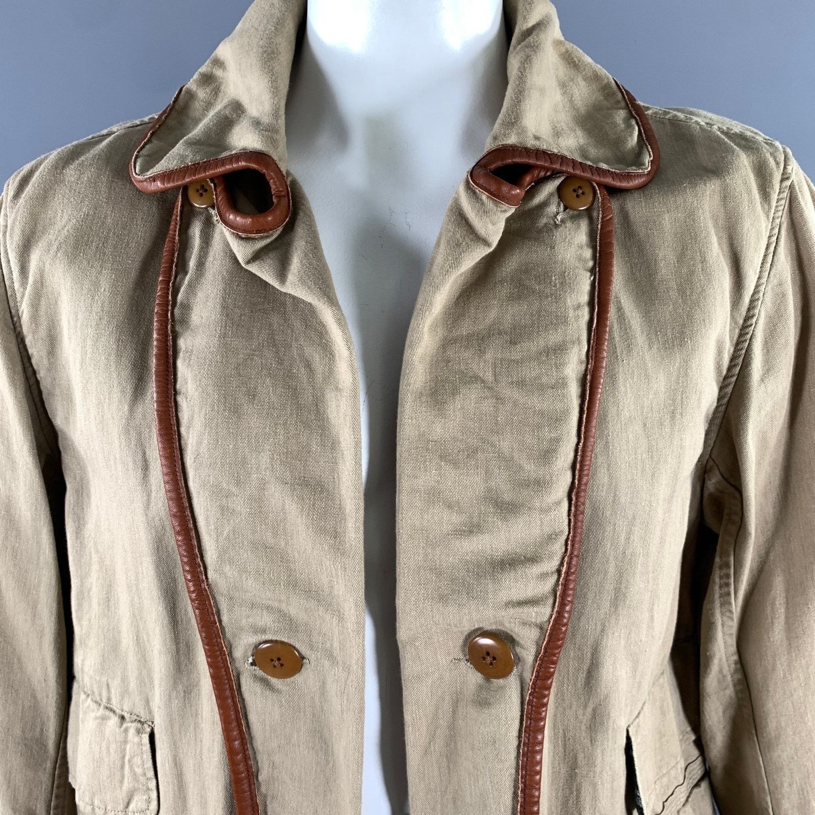 Kapital KAPITAL XL Khaki Cotton Hemp Leather Trim Notch Lapel Jacket Size US XL / EU 56 / 4 - 2 Thumbnail