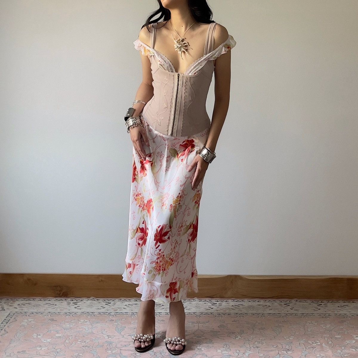 Other Romantic White Floral Satin Maxi Slip Dress (L) Size L / US 10 / IT 46 - 2 Thumbnail