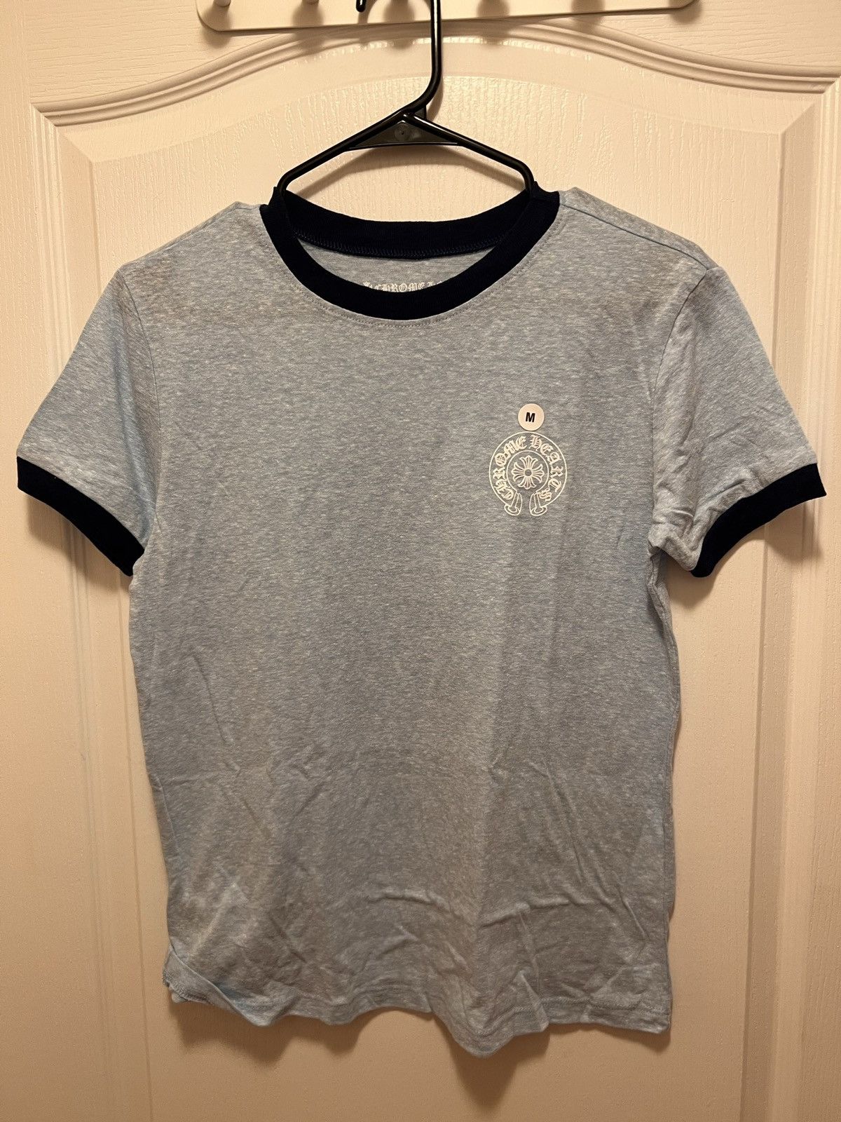 image of Chrome Hearts Horseshoe Scroll Logo Womens Tee Shirt in Blue (Size Medium)