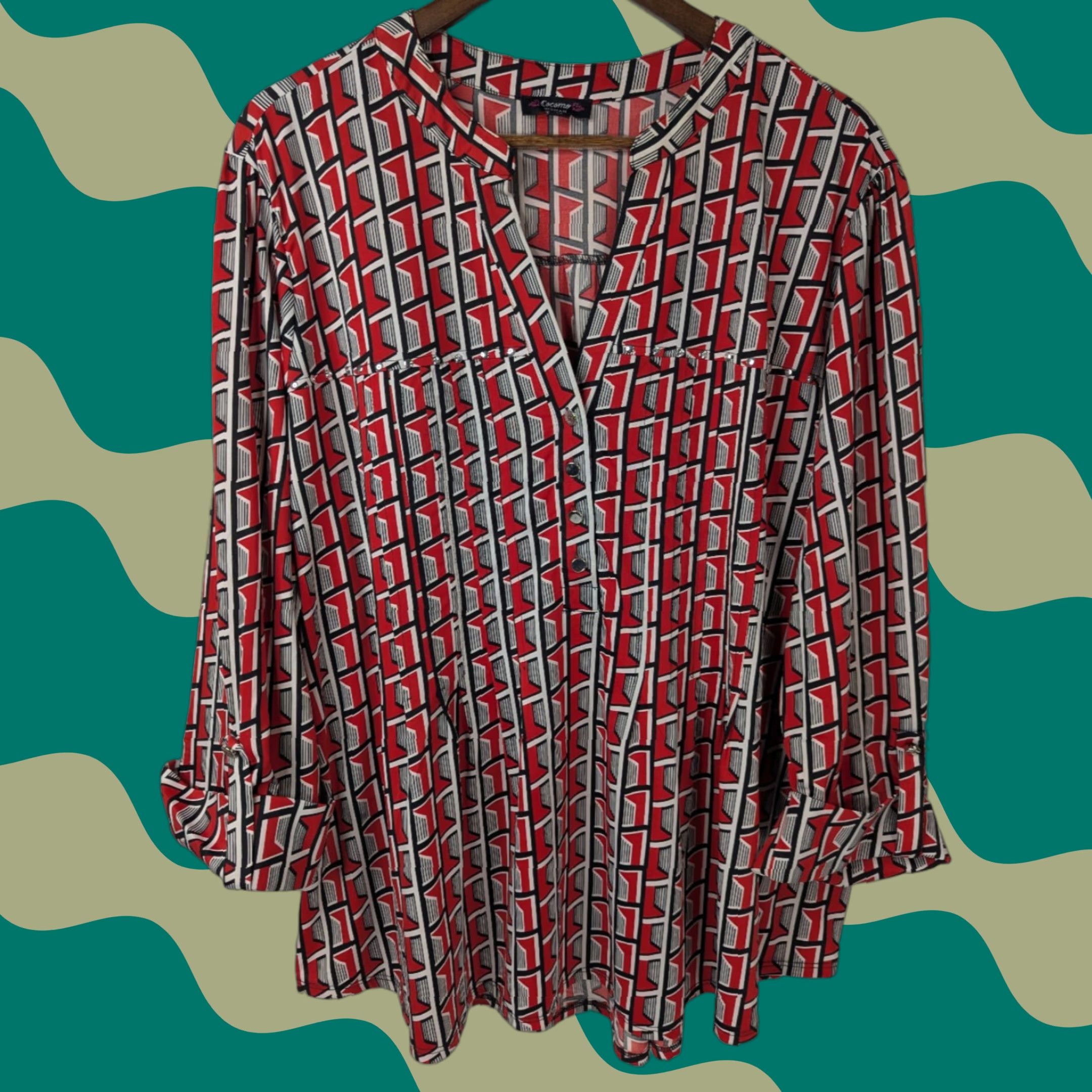 Vintage Cocomo Plus Size 3X Red Studded Roll Tab Sleeve Pintuck Button Top V-Neck Henley Blouse Size XXL / US 16-18 / IT 52-54 - 1 Thumbnail