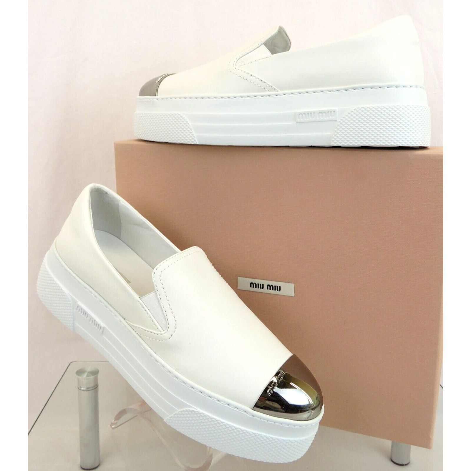 image of Miu Miu 5S905C White Leather Logo Metal Cap Toe Platform Loafers 40, Women's (Size 10)