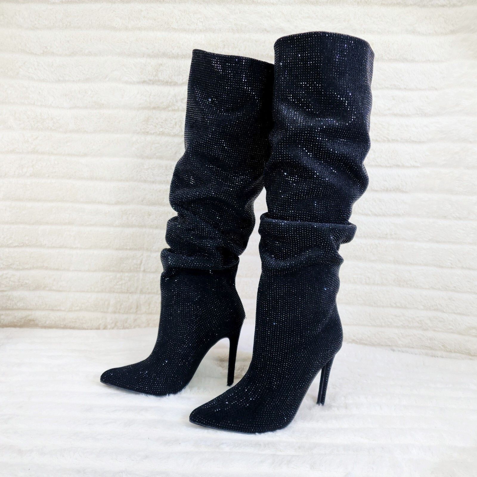 Other Radiant Black Rhinestone High Heel Stiletto Slouch Knee High Size US 6.5 / IT 36.5 - 4 Thumbnail