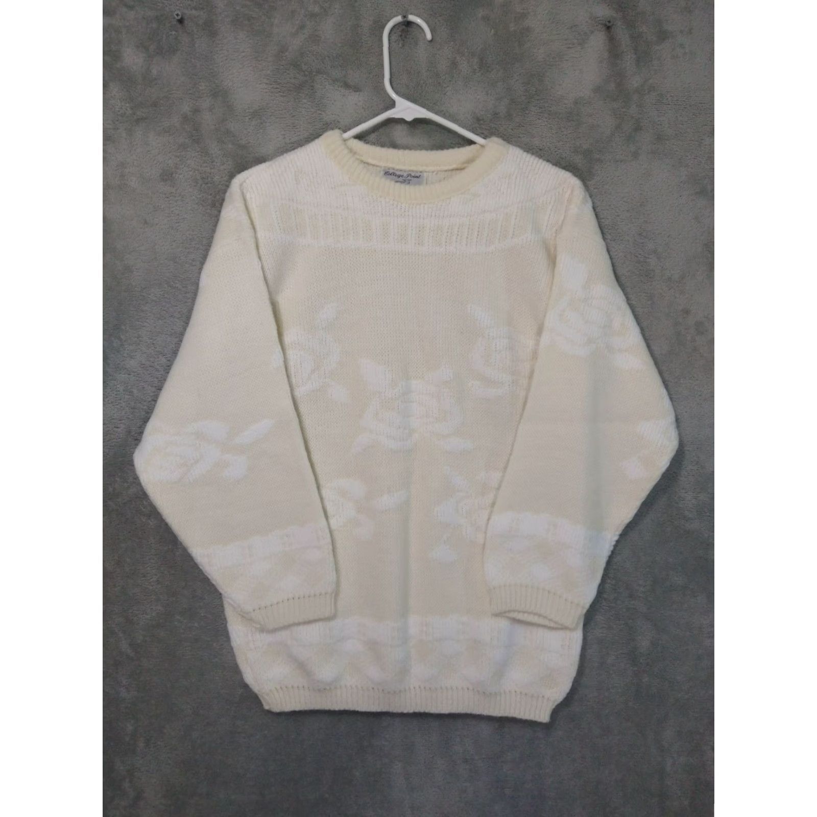 Vintage VINTAGE College Point Sweater Womens Large Cream Floral Rose Coquette Grandma 80s Pullover Crew Neck Long Sleeve Knit Top Beige -я Size L / US 10 / IT 46 - 2 Thumbnail