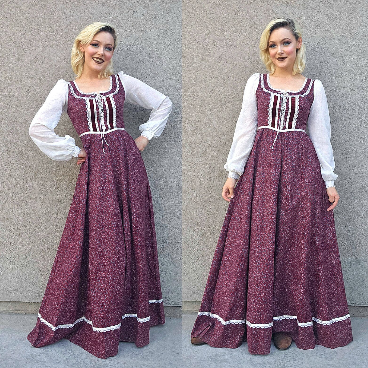 Vintage Gunne Sax 1970's Vintage Burgundy Calico Maxi Prairie Dress ...