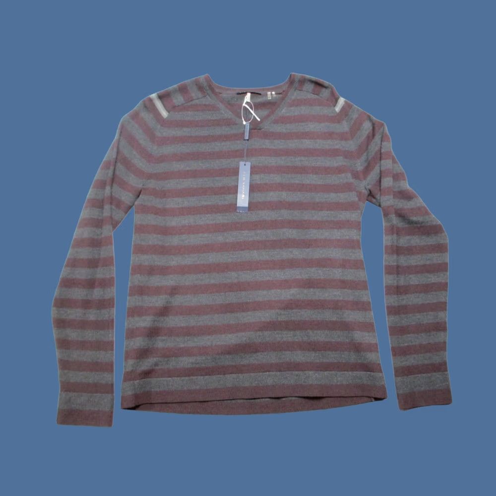 Elie Tahari Elie Tahari Benton Sweater Mens M Gray Maroon Striped Merino Wool V-Neck Pullover Knit Pattern Logo Long Sleeve Regular Fit Casual Winter Fall Mens Size US M / EU 48-50 / 2 - 1 Thumbnail