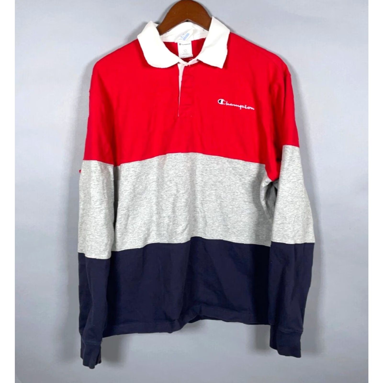 Champion Champion Reverse Weave Rugby Shirt Mens Large Red Blue Gray Stripe Preppy Shirt Polo Size US L / EU 52-54 / 3 - 2 Thumbnail
