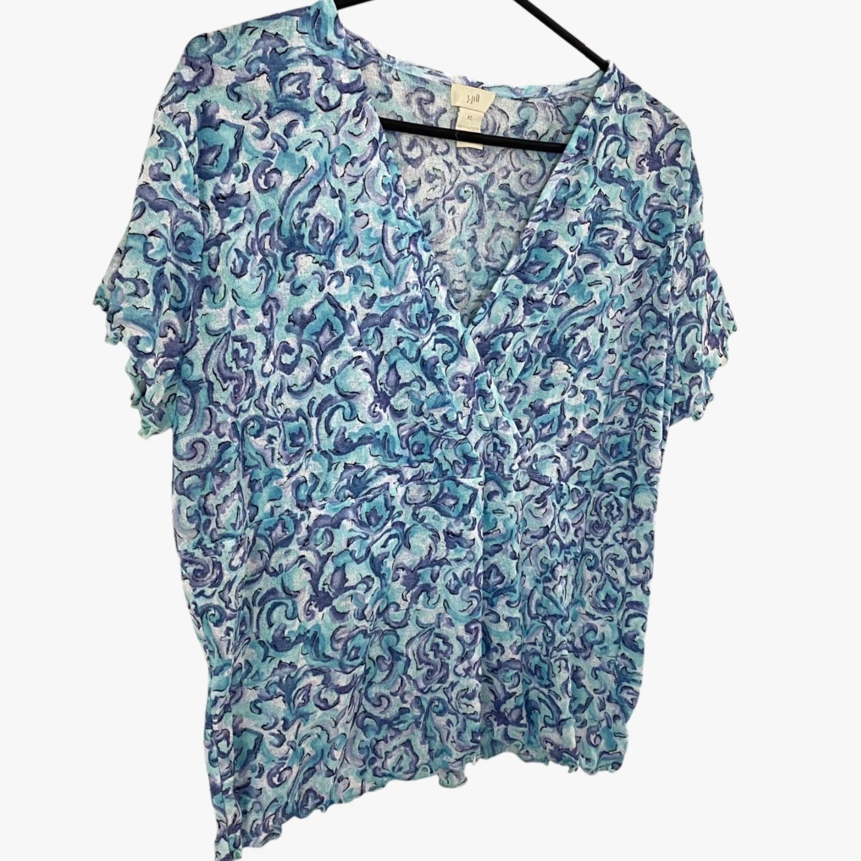 J. Jill J.Jill Blouse Women's XL V-Neck Ruffled Blue Watercolor Abstract Print Shirt Size XL / US 12-14 / IT 48-50 - 2 Thumbnail