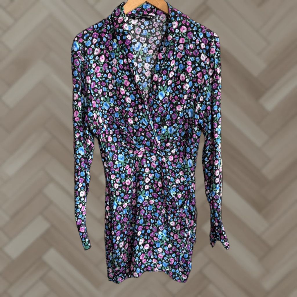 Zara Zara Womens Black Floral Long Sleeve Mini Dress Polyester S Wrap Dress V-Neck Tie Knee Length Size S / US 4 / IT 40 - 1 Thumbnail