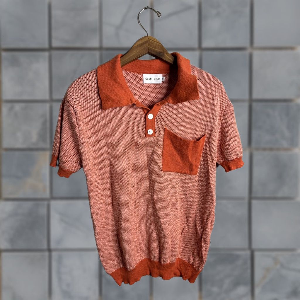 Vintage OXKNITSTOR Polo Shirt Mens Small Orange Textured Knit Short Sleeve Pocket Collar Size US S / EU 44-46 / 1 - 1 Thumbnail