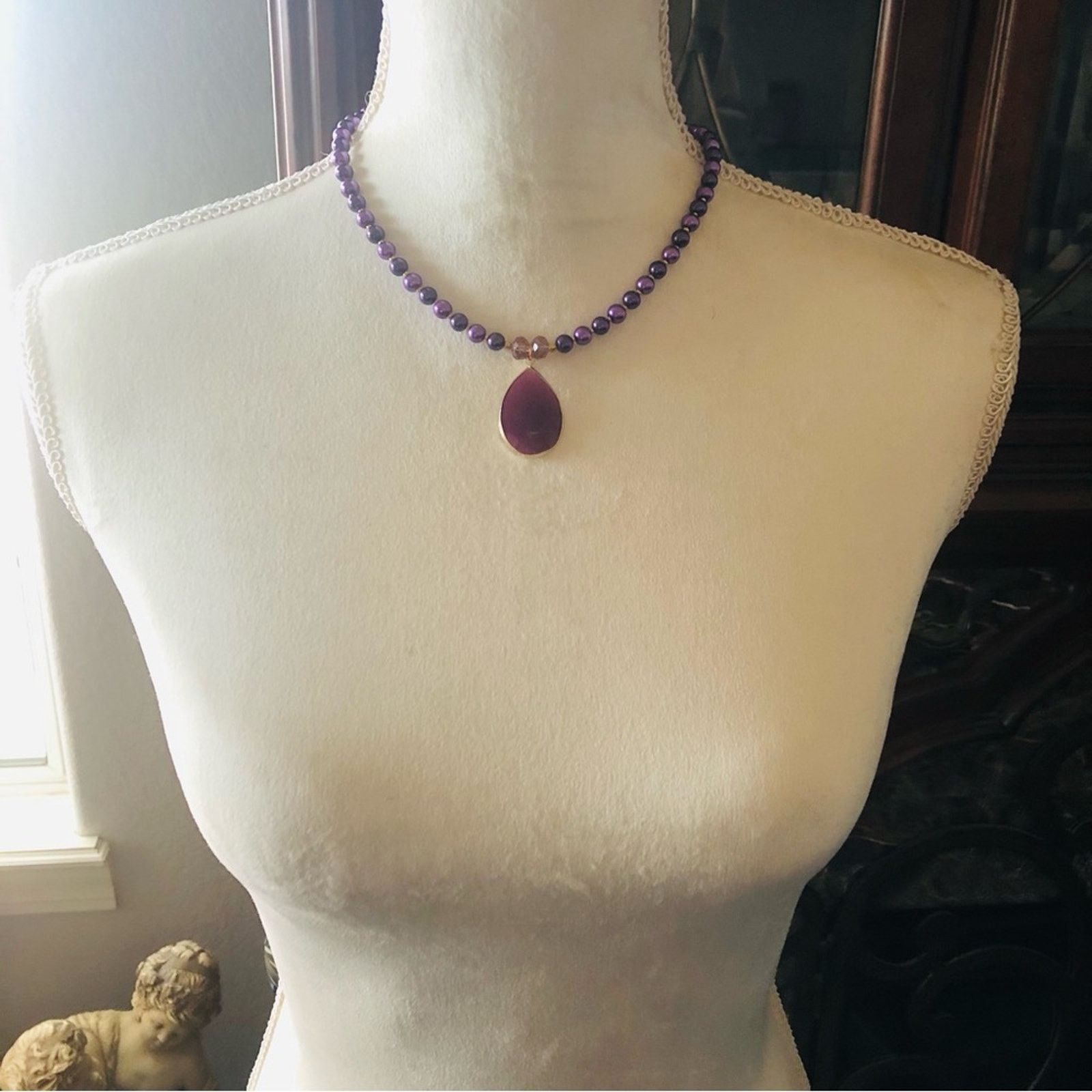 Handmade Handcrafted repurpose framed purple raindrop Pearl necklace Size ONE SIZE - 7 Thumbnail