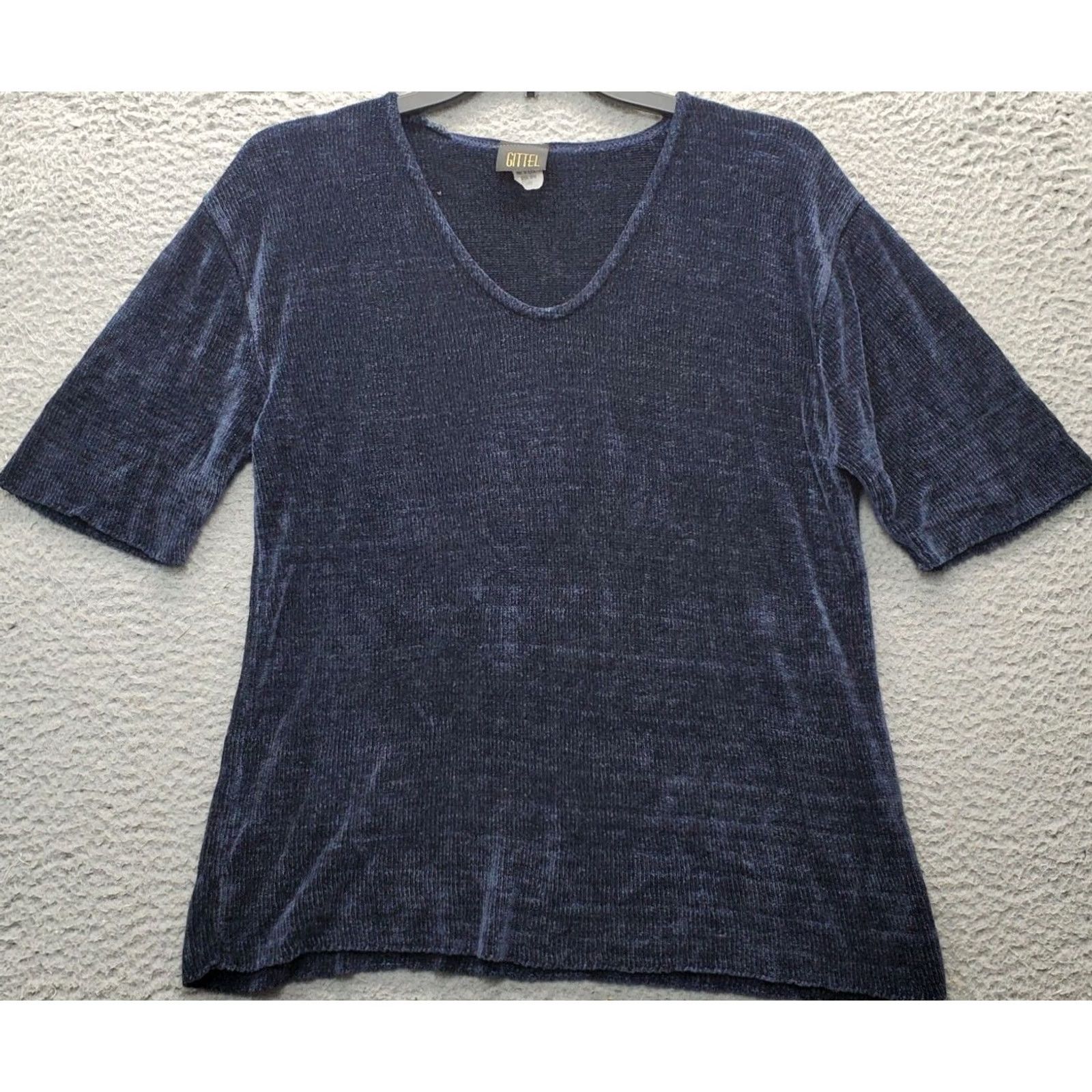 Velour Gittel T Shirt Womens Size L Navy Velour Rayon Short Sleeve V Neck Pullover Size L / US 10 / IT 46 - 2 Thumbnail