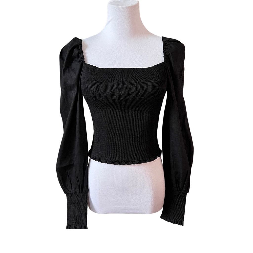 Other Gianni Bini $79 Angel Blouse Smocked Black Linen Blend SMALL Size S / US 4 / IT 40 - 2 Thumbnail