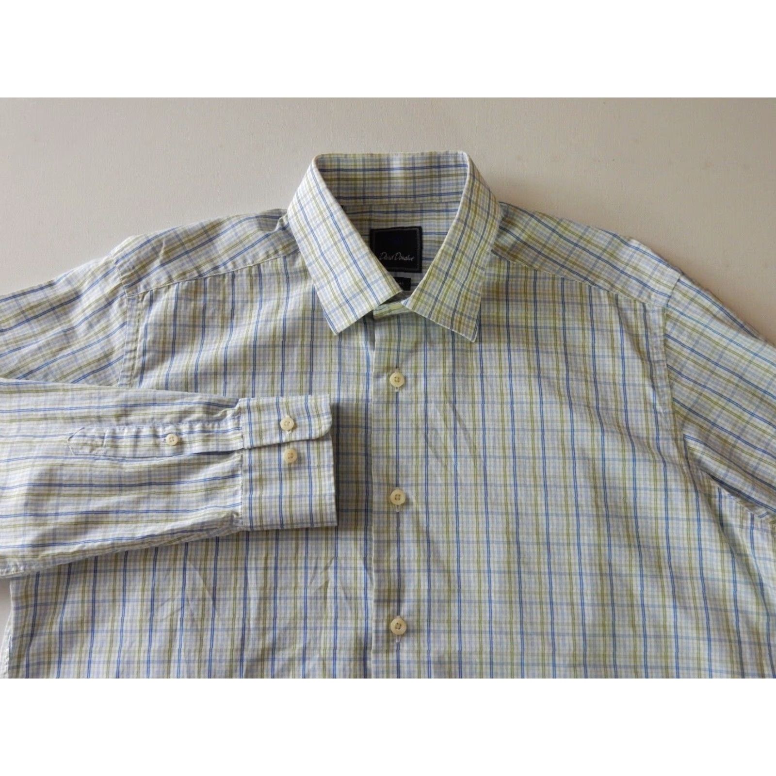 David Donahue VINTAGE David Donahue Men's Dress Shirt Long Sleeve Plaid Size 16.5 Regular Green-Blue-White Size 42R - 2 Thumbnail