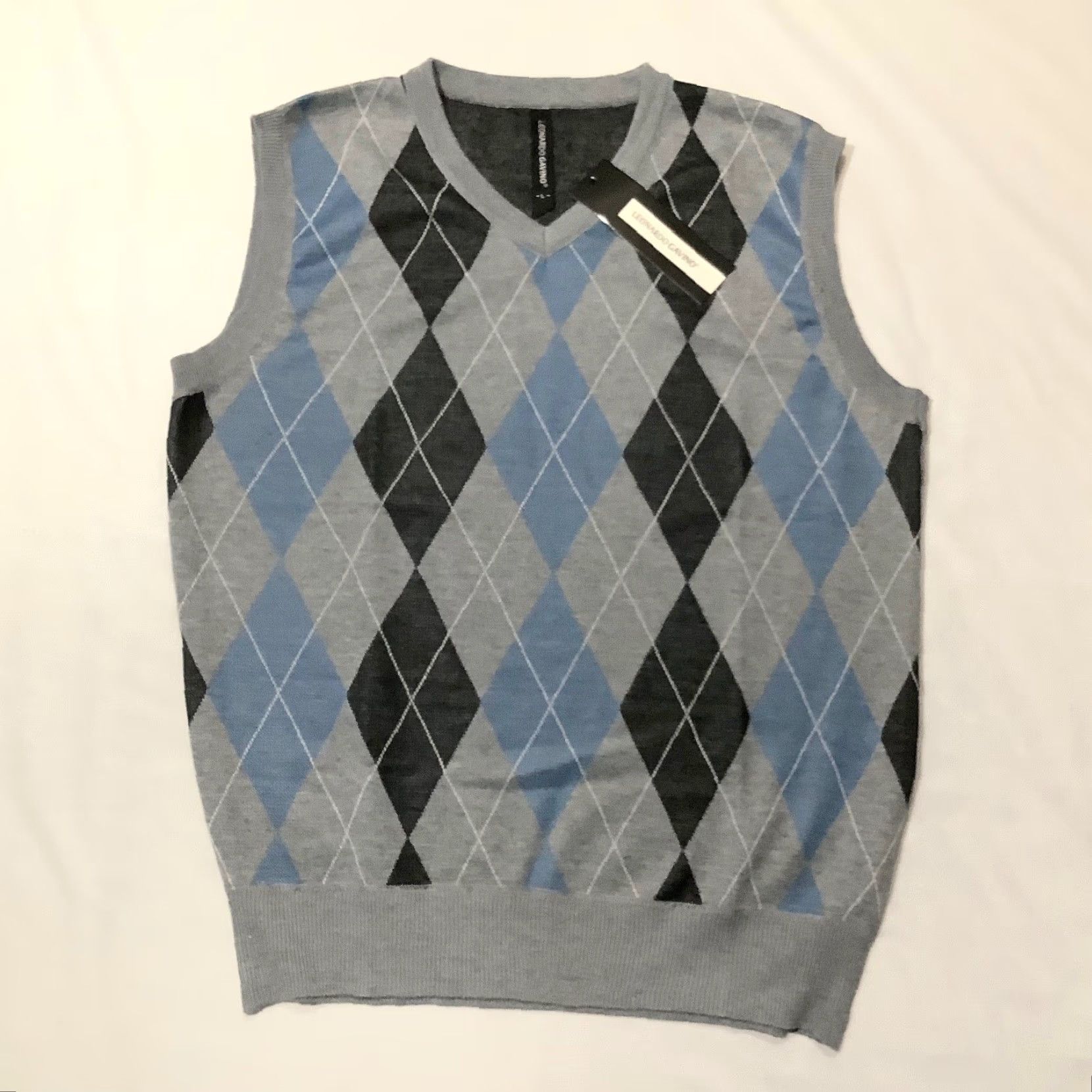 Vintage Leonardo Gavino Sweater Vest L Mens V-Neck Gray Blue Argyle Cotton Golf Size US L / EU 52-54 / 3 - 2 Thumbnail