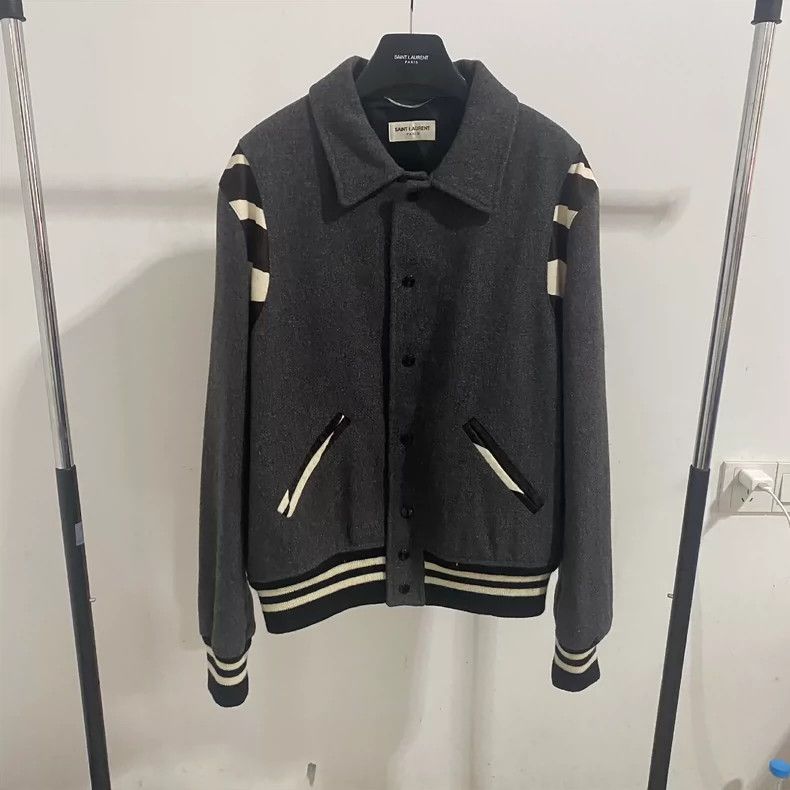 Yves Saint Laurent Saint Laurent Gray Baseball Jacket with Zebra Stripes Size US XL / EU 56 / 4 - 1 Thumbnail