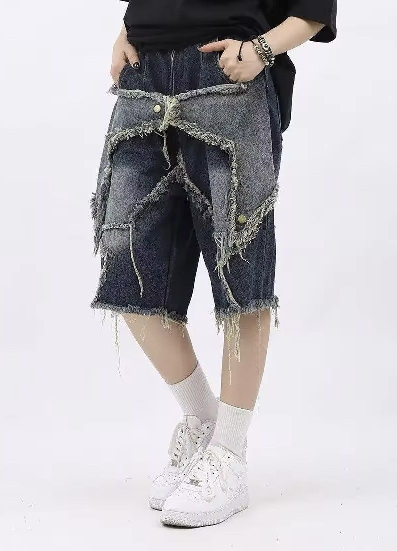 Japanese Brand retro star patch tassel denim short Size US 29 - 1 Thumbnail