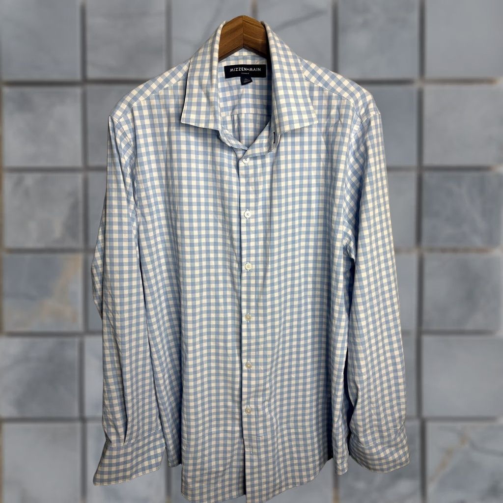 Mizzen+Main Mizzen+Main Leeward Dress Shirt Mens Large Blue White Gingham Trim Performance Shirt Size 40R - 1 Thumbnail