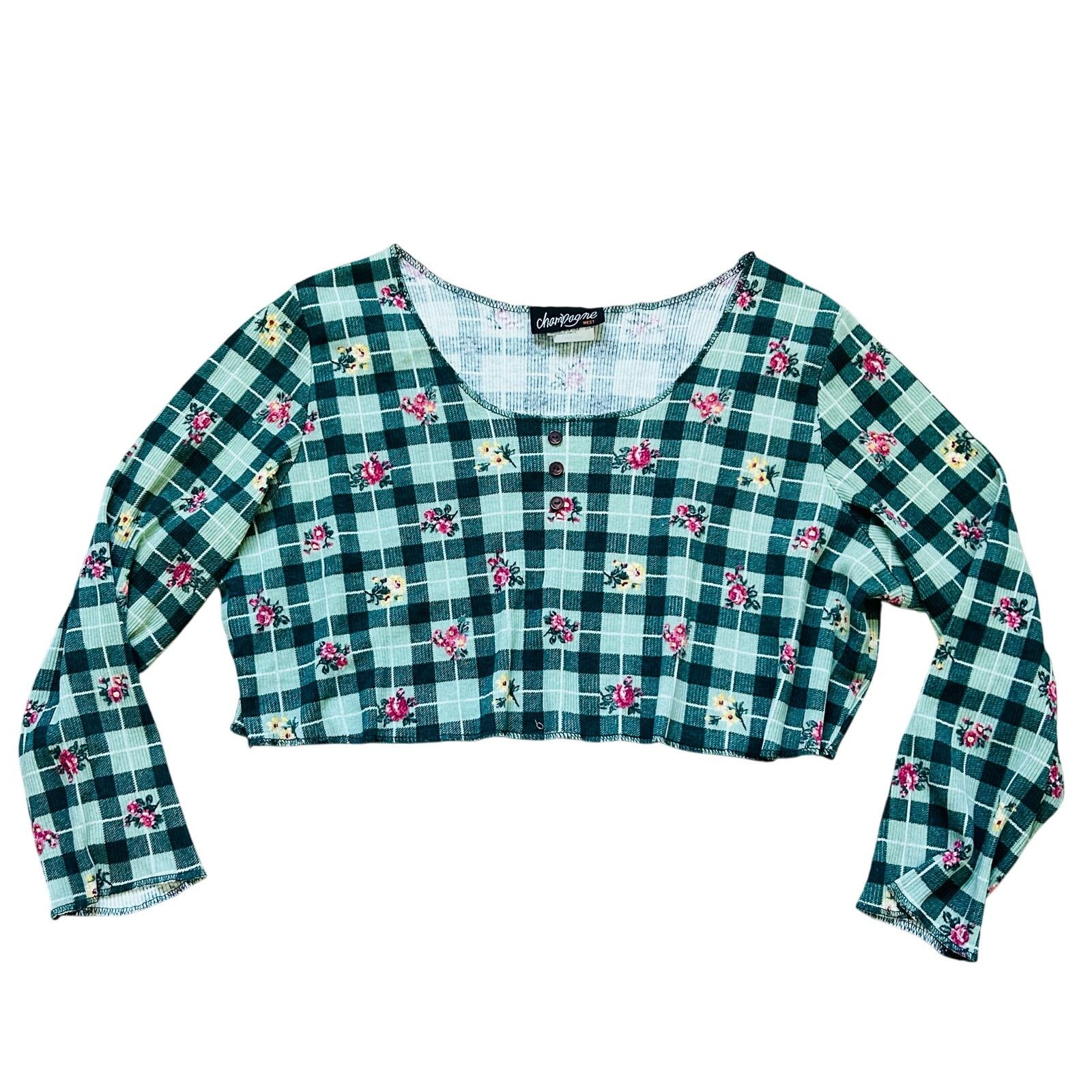 Vintage Vintage Plaid 90s Crop Top Ribbed Knit Floral Cottagecore Size XL / US 12-14 / IT 48-50 - 1 Thumbnail