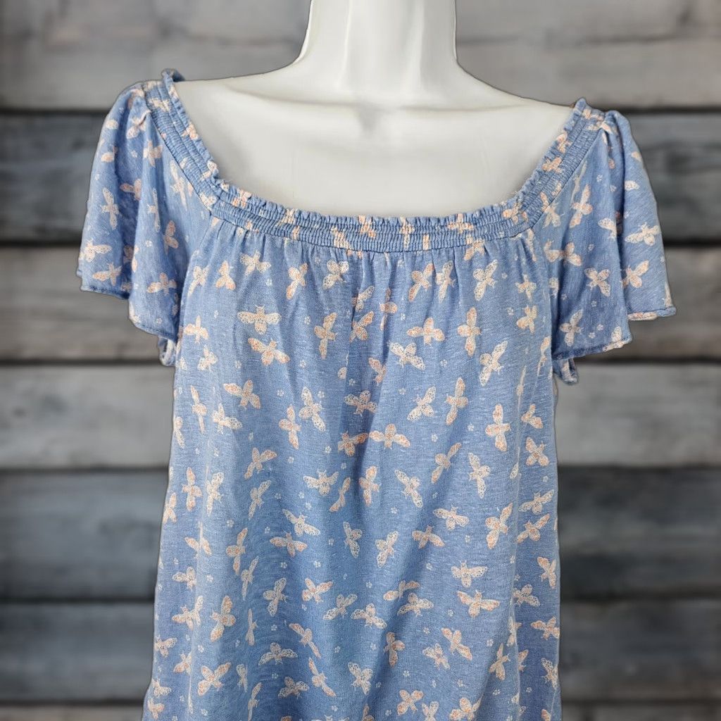 Loft VINTAGE? Ann Taylor LOFT Womens Linen Top Sz Small Blue Bee Print Short Sleeve Shirt Womens S Blue Bee Print Linen Top Size S / US 4 / IT 40 - 1 Thumbnail