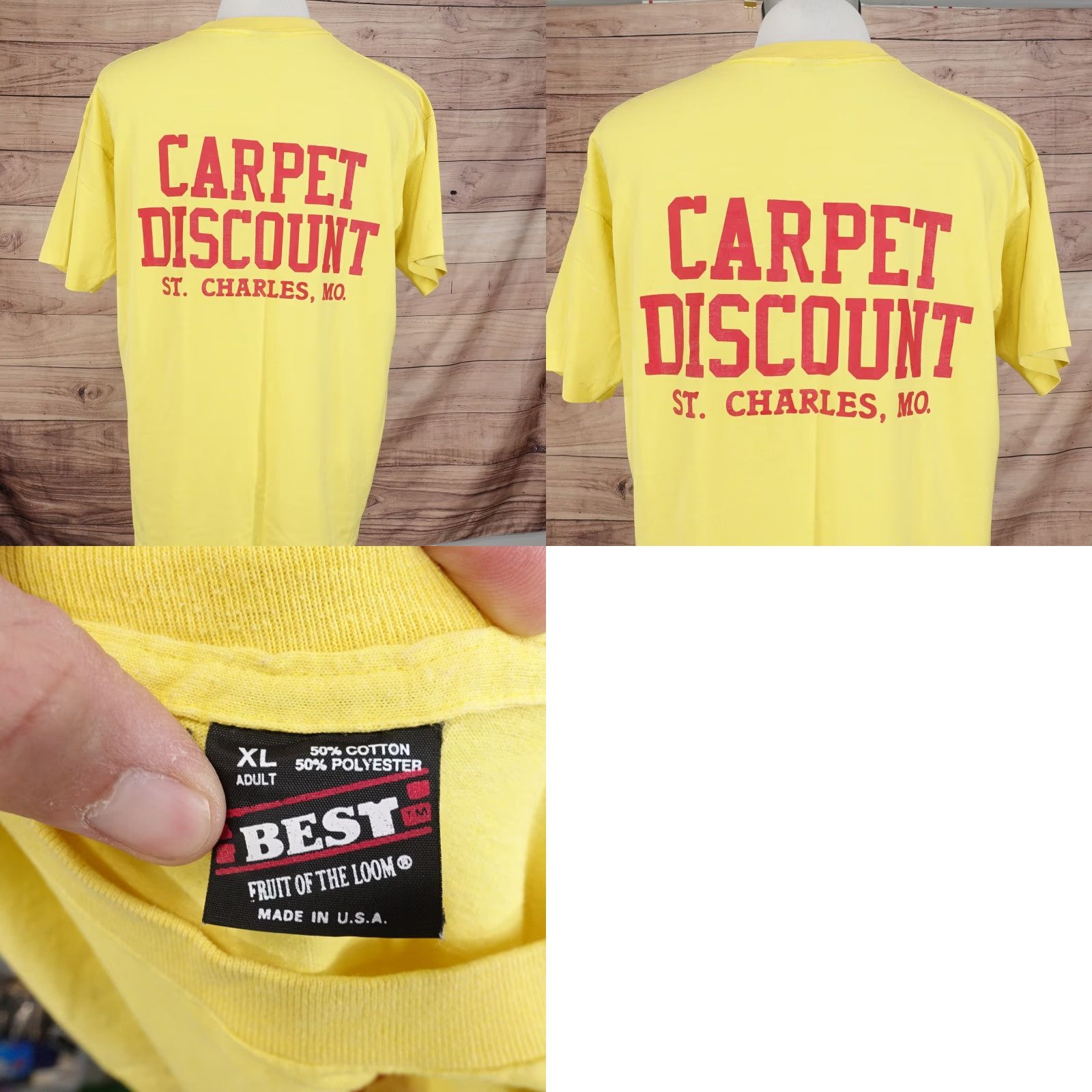 Fruit Of The Loom VINTAGE Fruit of the Loom Yellow T-Shirt XL Unisex Short Sleeve Hug A Rug Carpet Discount St Charles MO USA Mens Size US XL / EU 56 / 4 - 8 Thumbnail