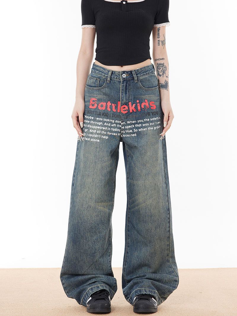 Vintage Male punk distressed street letter print washed denim jeans Size US 32 / EU 48 - 1 Thumbnail