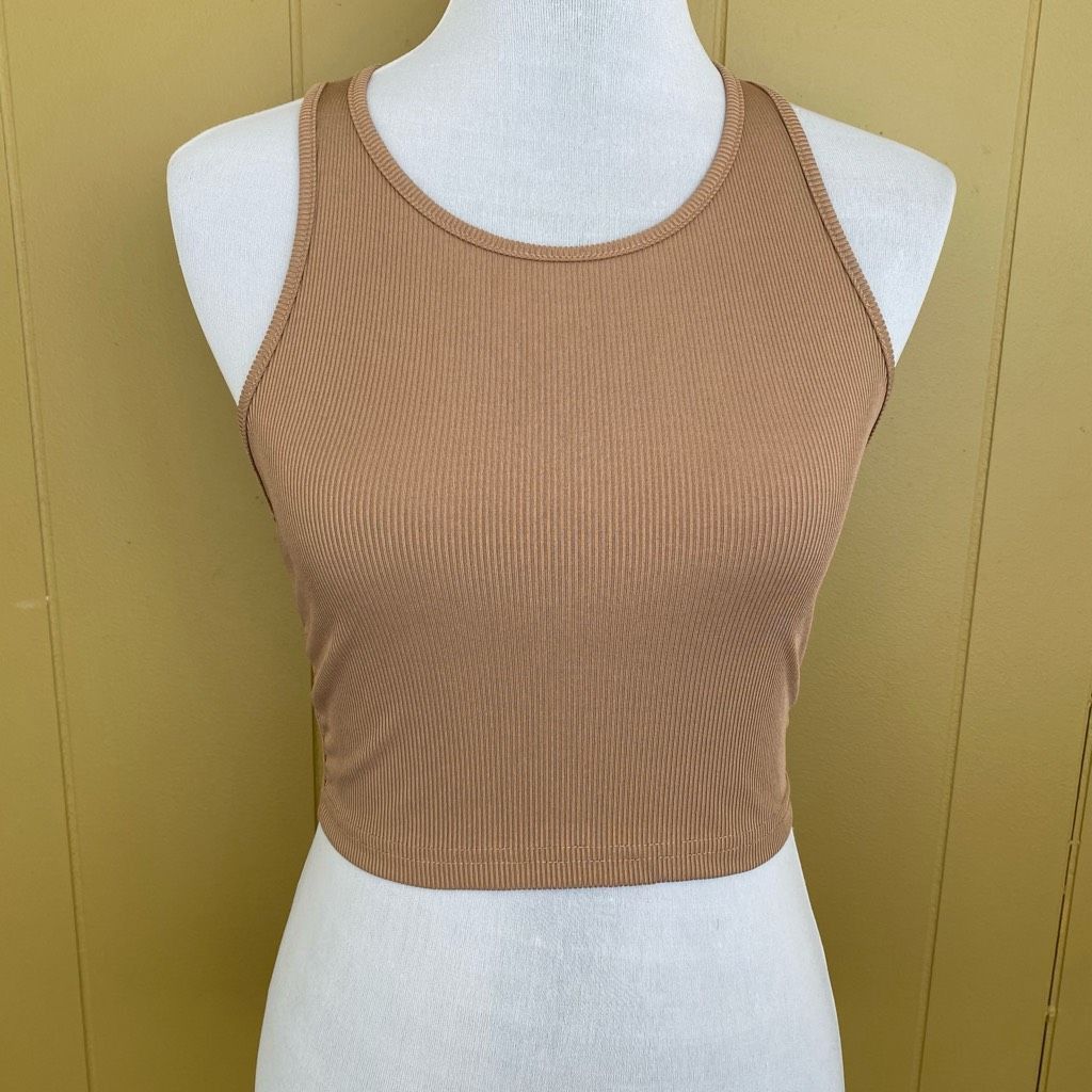 Shein SHEIN women S scoopneck ribbed crop tank top tan Size S / US 4 / IT 40 - 1 Thumbnail