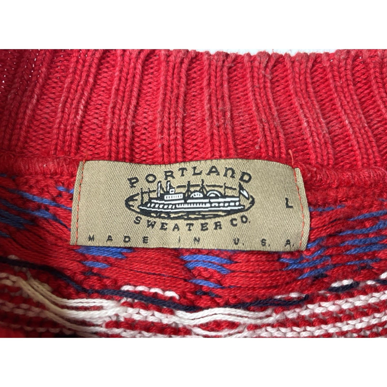 CO VINTAGE Portland Sweater Co Mens Large Sweater USA Made Textured Knit Grandpa Pullover Long Sleeve Red Geometric 90s Bohemian Classic USA Men Size US L / EU 52-54 / 3 - 2 Thumbnail