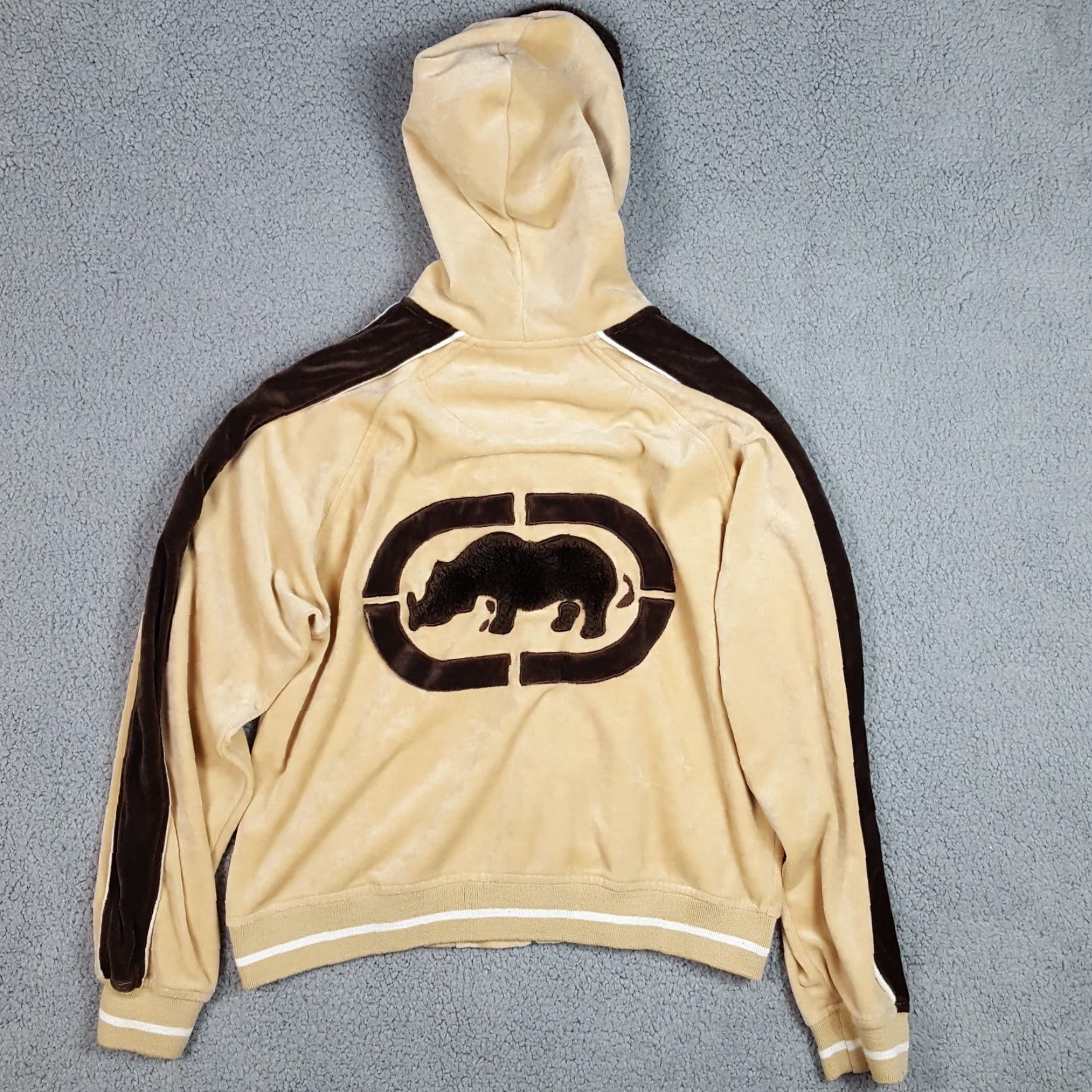 Ecko Unltd. VINTAGE Ecko Unltd Velour Hooded Zip Jacket Women's 2XL Beige 90s Grunge Retro Punk Streetwear Velvet Size XXL / US 16-18 / IT 52-54 - 6 Thumbnail