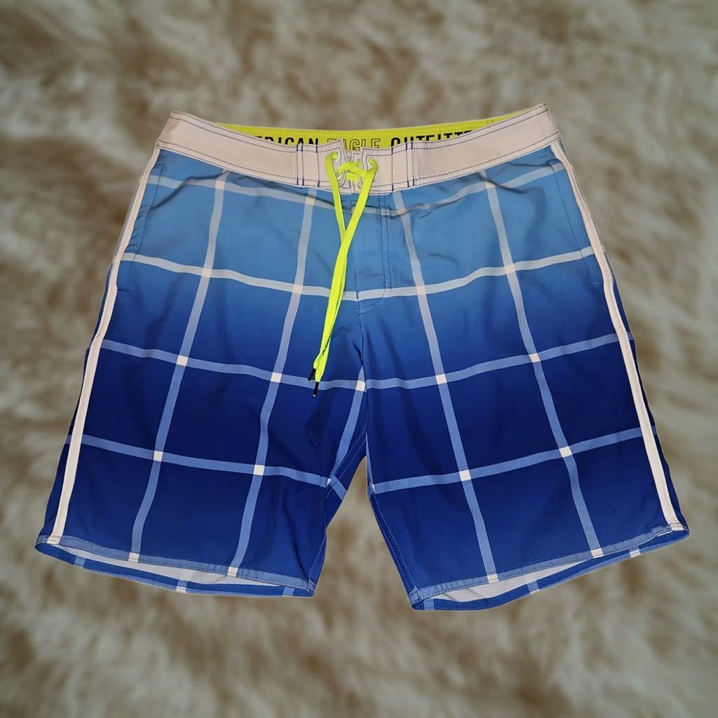 American Eagle Outfitters VINTAGE American Eagle Outfitters Swim Trunks Men Large Blue Check Zip Pocket Drawstring Preppy Size ONE SIZE - 1 Thumbnail