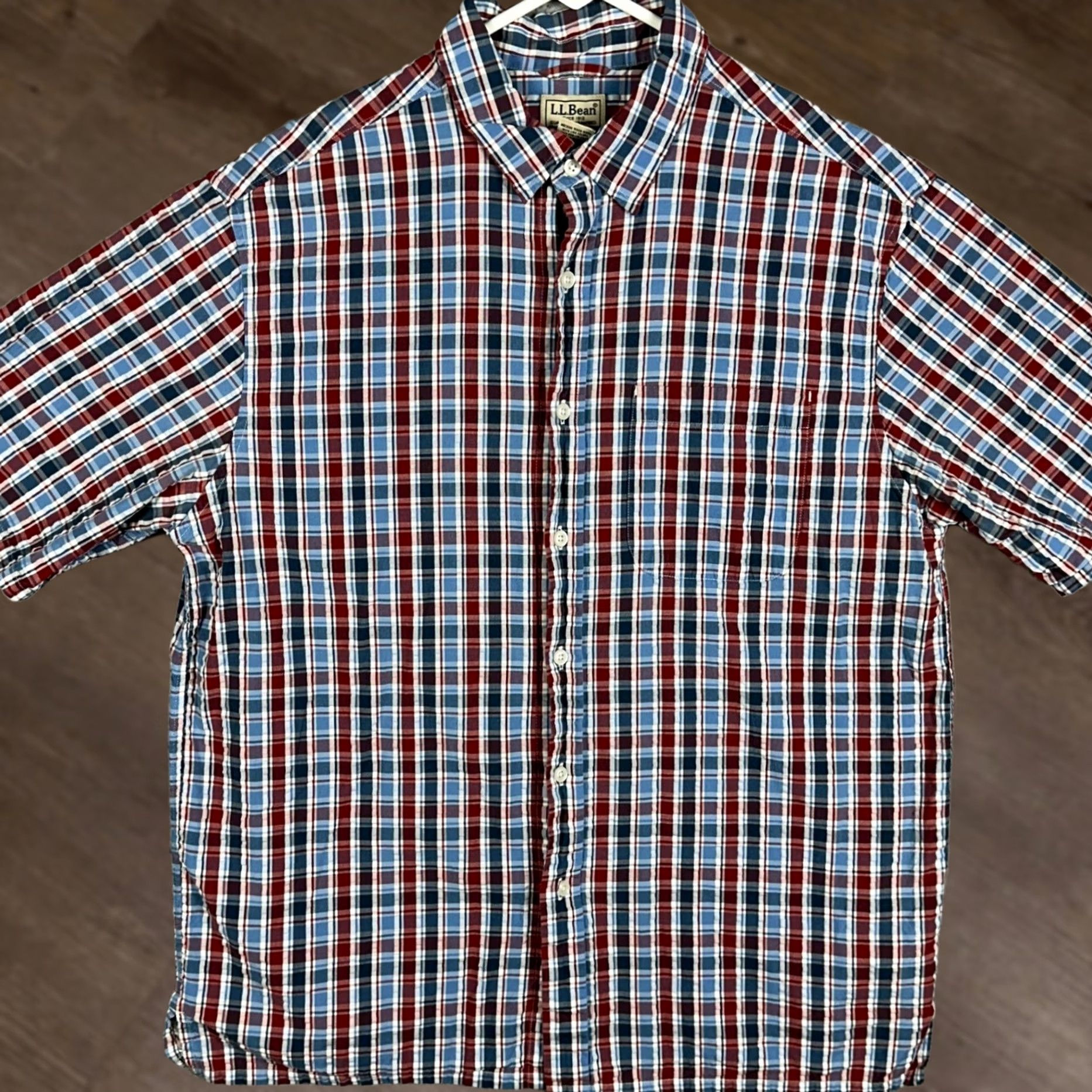 Vintage L.L. Bean Shirt Mens Medium Blue Red Seersucker Plaid Short Sleeve Button-Up Shirt Size US M / EU 48-50 / 2 - 1 Thumbnail