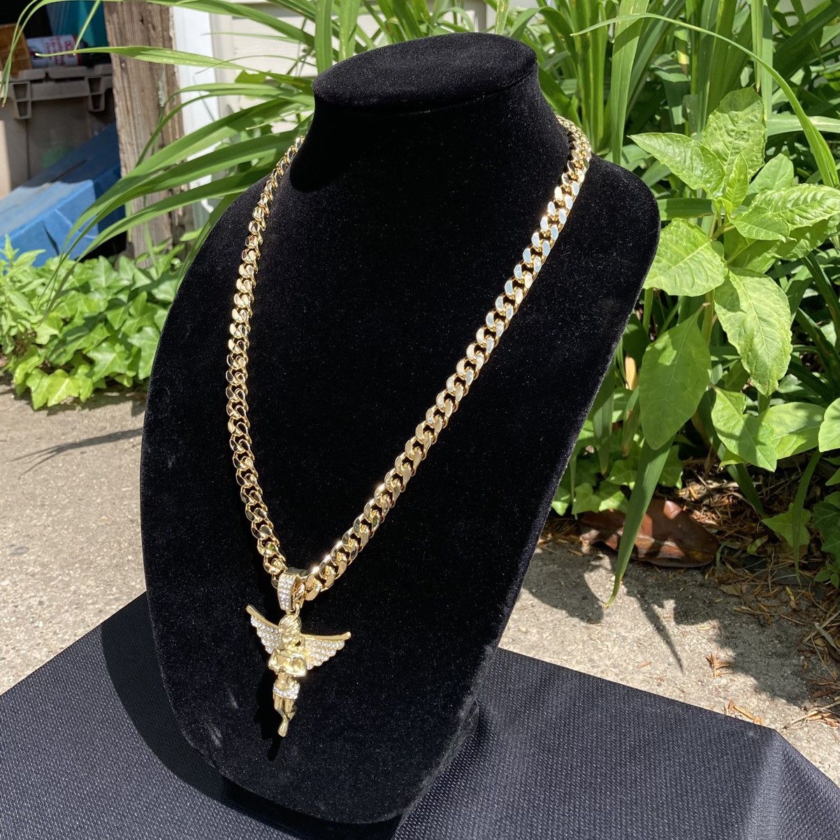 Jewelry Gold Chain Cuban Necklace 24in 8mm and Icy Angel Pendant Size ONE SIZE - 3 Thumbnail