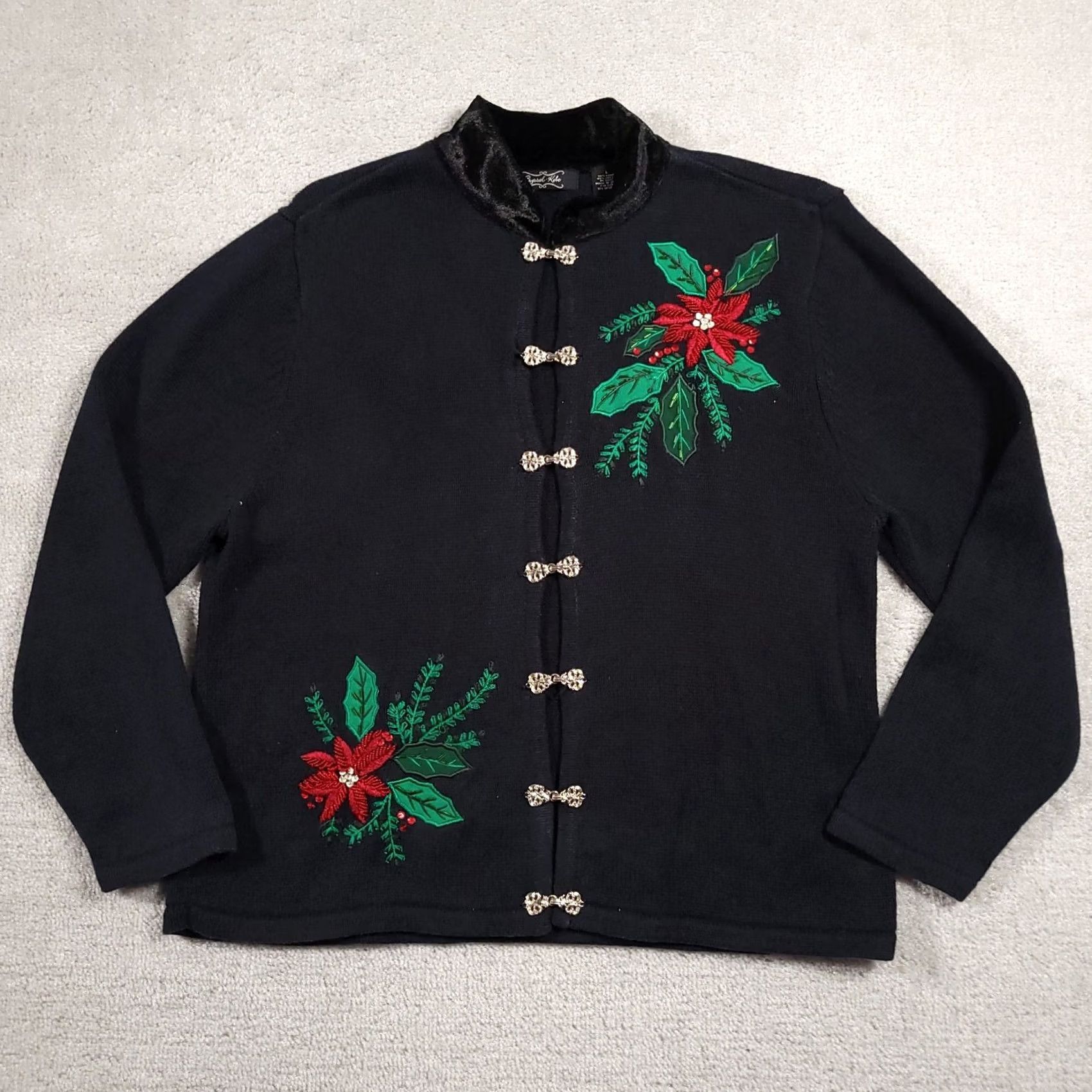 Vintage VINTAGE Crystal Kobe Cardigan Women’s Large Black 90s Knit Embroidered Heavyweight Winter Settle Sequin Size L / US 10 / IT 46 - 2 Thumbnail