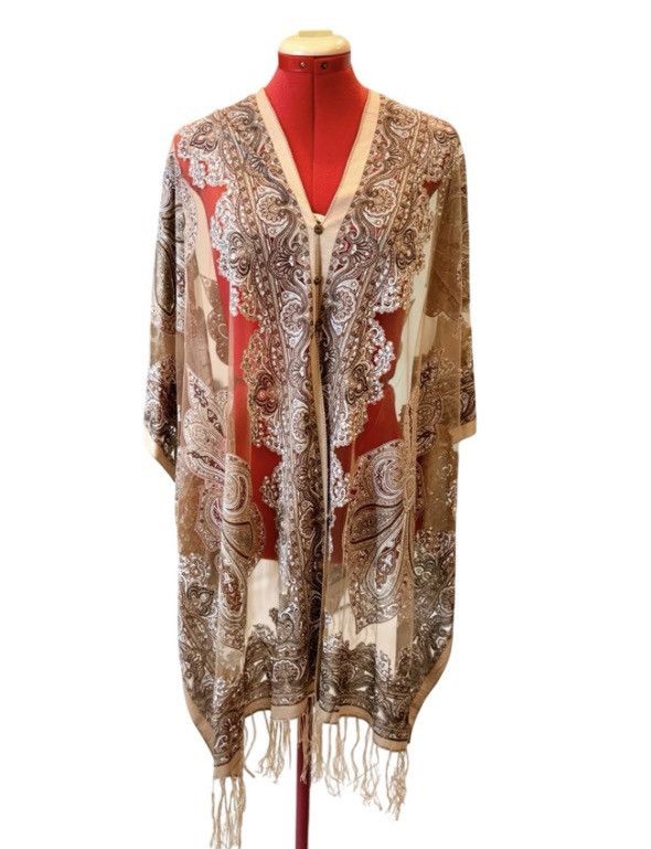 Other Boho Paisley Kimono Shawl Wrap Beige Brown Fringe Open Front Size ONE SIZE - 1 Thumbnail