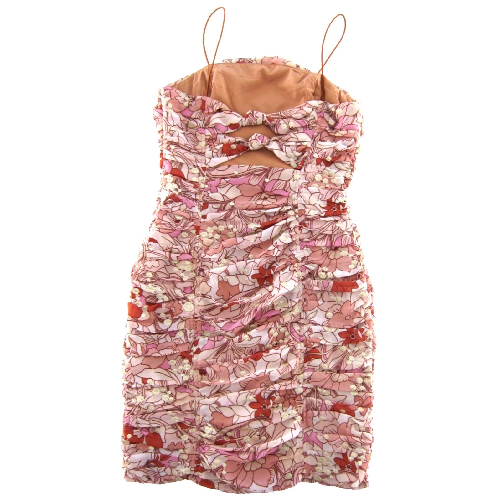 Pinko BTFL-Life Pink Orange Floral Embroidered Metallic Gold Ruched Bodycon Dress S Size S / US 4 / IT 40 - 2 Thumbnail