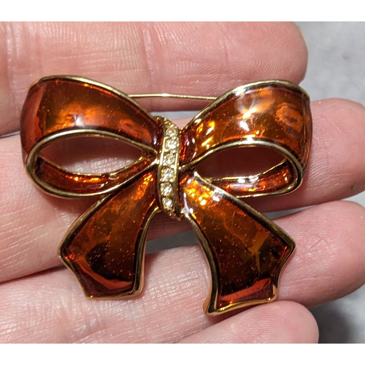 Other Vintage Orange And Gold Enamel Rhinestone Bow Brooch Size ONE SIZE - 6 Thumbnail