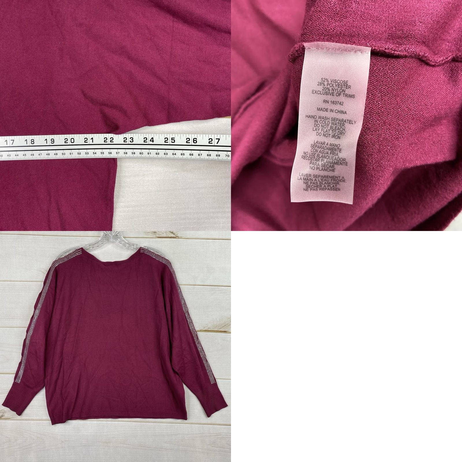 Vintage VINTAGE? LIV Milano Women’s Sweater XL Burgundy Silver Rhinestones Dolman Sleeve NWT Size XL / US 12-14 / IT 48-50 - 8 Thumbnail