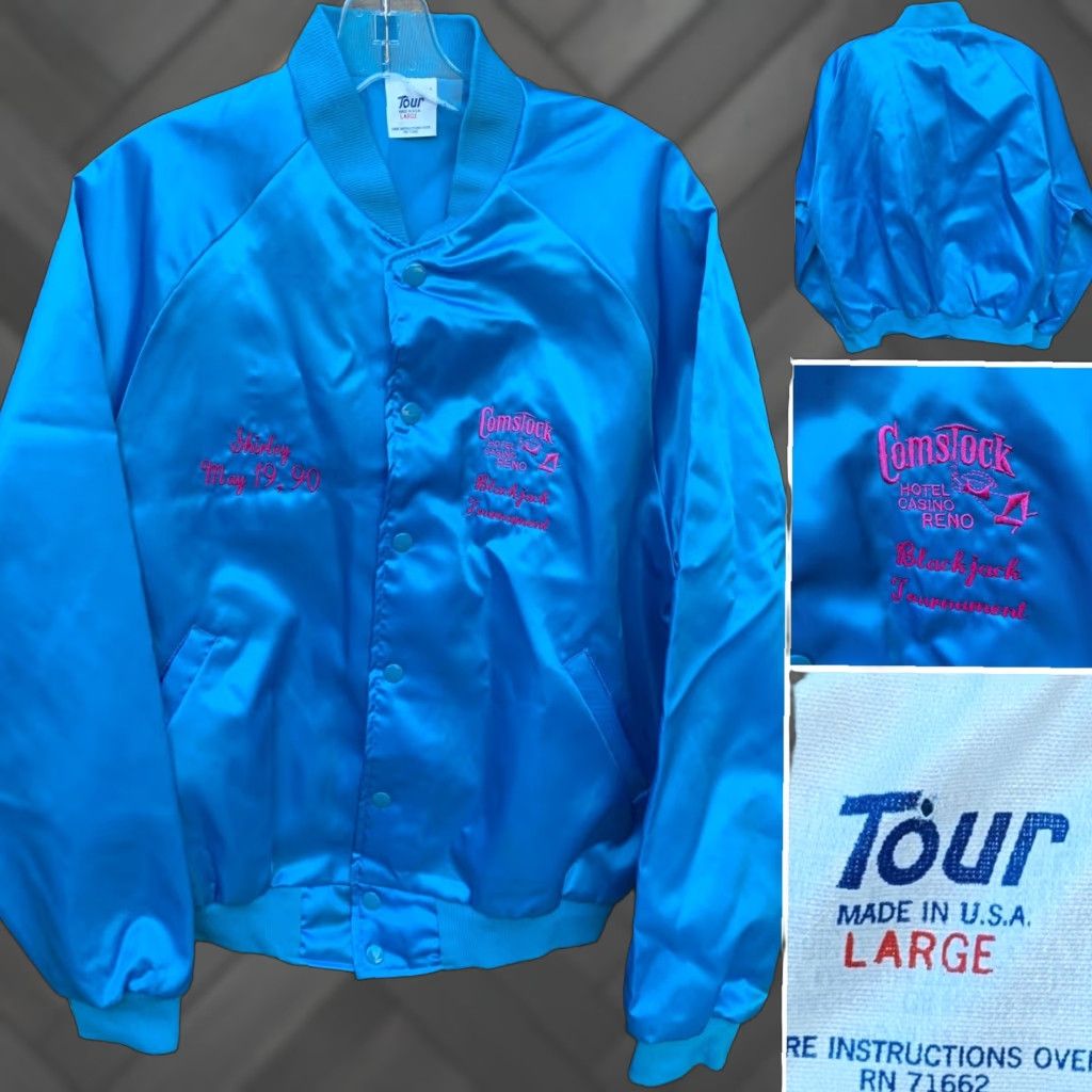 Vintage VINTAGE Tour Satin Jacket Unisex Adults L Blue Nylon Lining Embroidered 1990s 80s Casual Travel Pockets Snap Closure Size US L / EU 52-54 / 3 - 1 Thumbnail