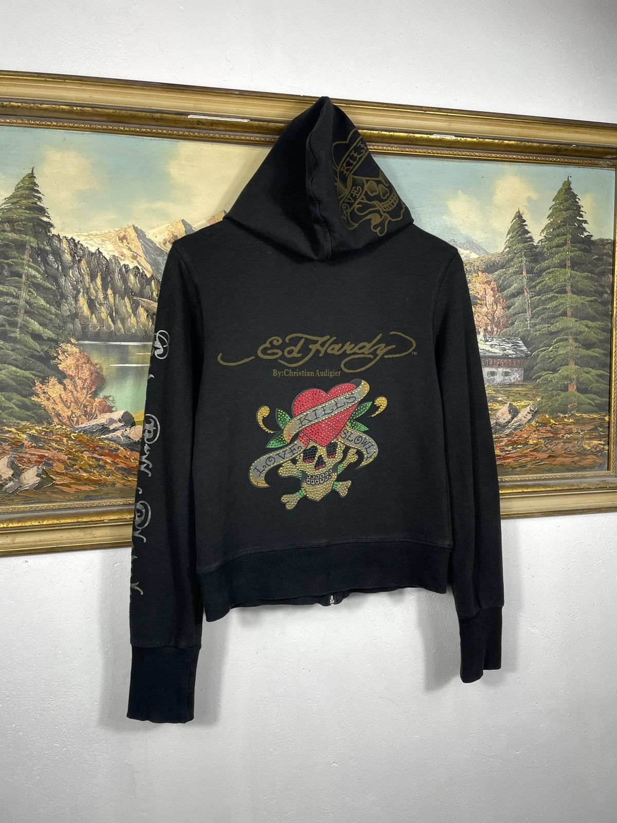 Christian Audigier × Ed Hardy × Vintage Ed Hardy Retro 00s Hoodie With Crystals Affliction Grunge Size US XS / EU 42 / 0 - 7 Thumbnail