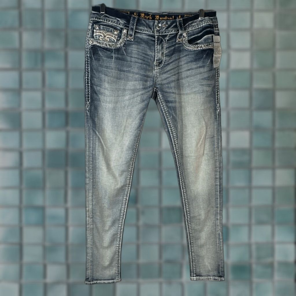 VINTAGE Rock Revival Rona Jeans Womens 30 Skinny Zip Fly Embellished BLUE Womens Jeans Skinny 30 Blue Womens