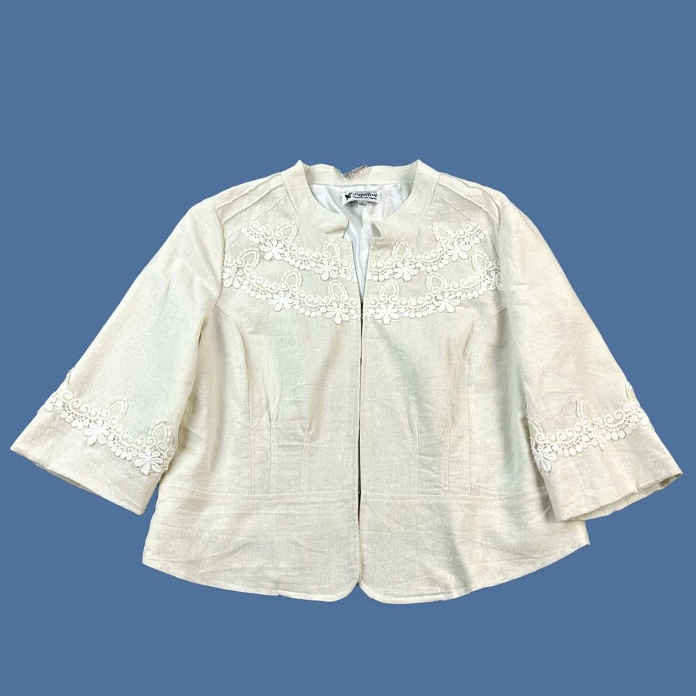 Vintage Papillon Blazer Jacket Womens Large Ivory Linen Embroidered Cropped Hook Closure Size L / US 10 / IT 46 - 1 Thumbnail