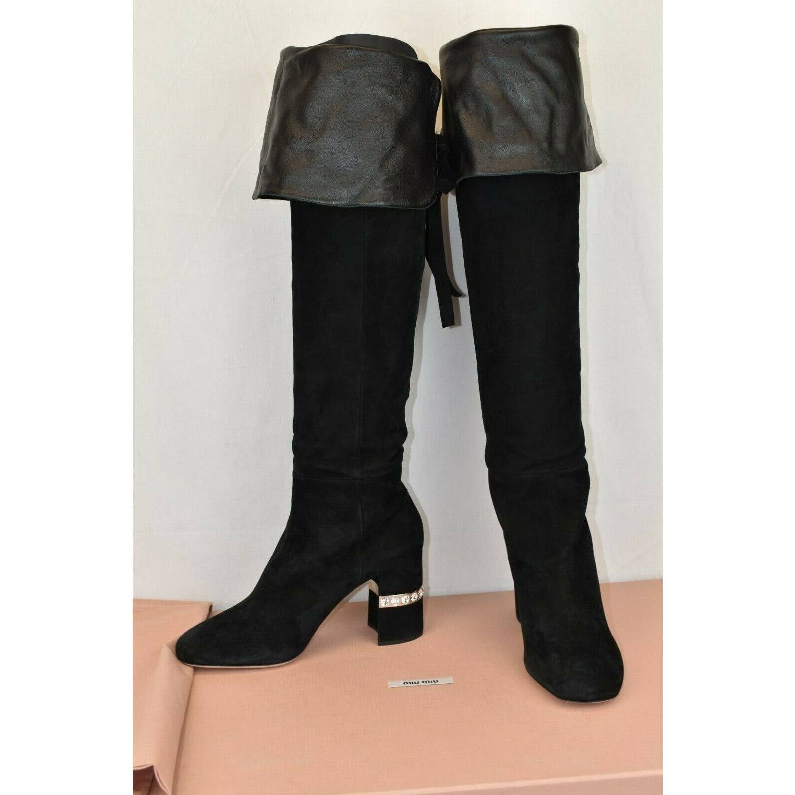 image of Miu Miu 5W138C Black Suede Crystals Jeweled Over The Knee Boots 40.5, Women's (Size 10)